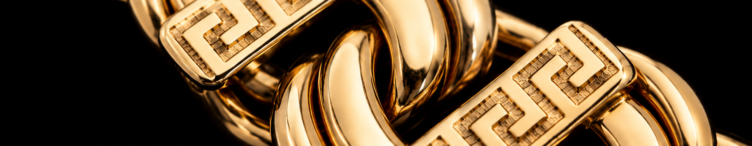Extreme close-up of gold Chino links with Greek-key detailing