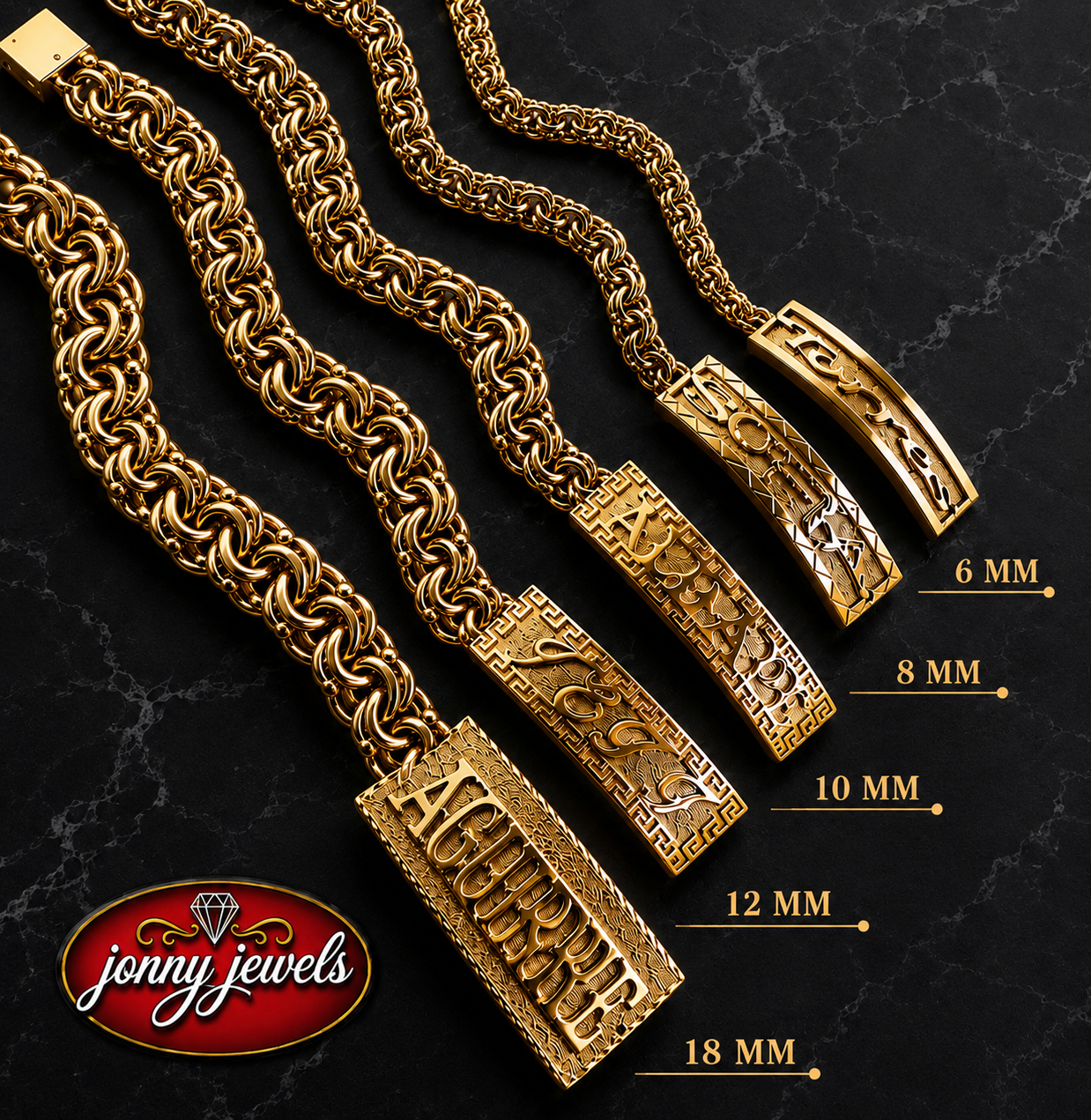 Width comparison guide showing 6mm, 8mm, 10mm, 12mm and 18mm custom chains