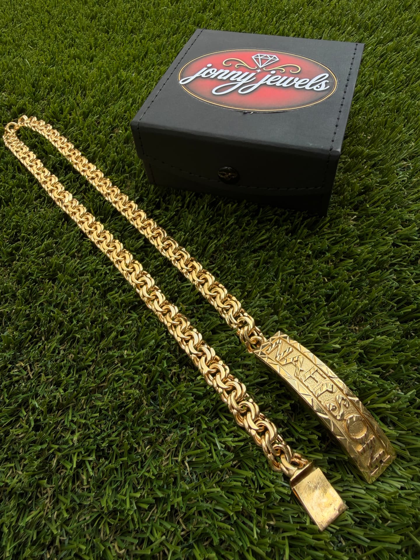 Jonny Jewels handmade gold chain with custom engraved nameplate and branded box