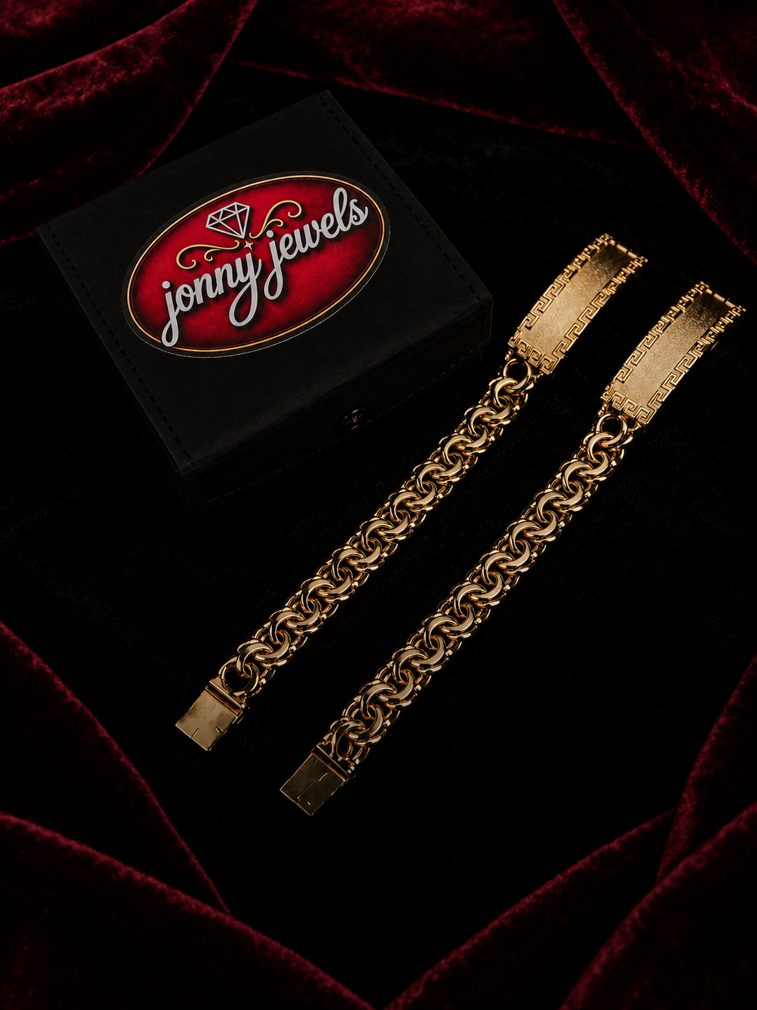 Two Jonny Jewels custom gold esclavas with branded box